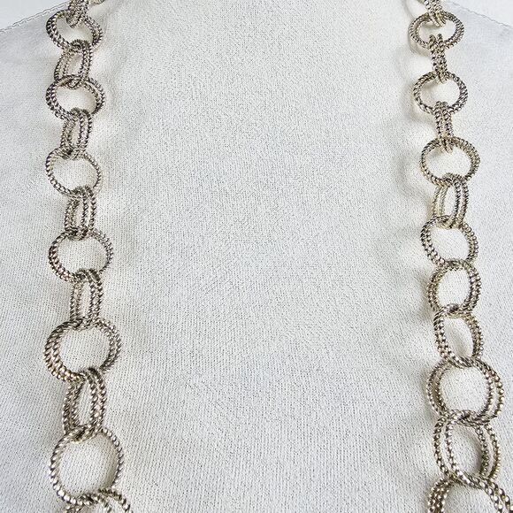 Betsey Johnson Silver Tone Long Textured Double Circle Links Chain Necklace - Picture 2 of 6